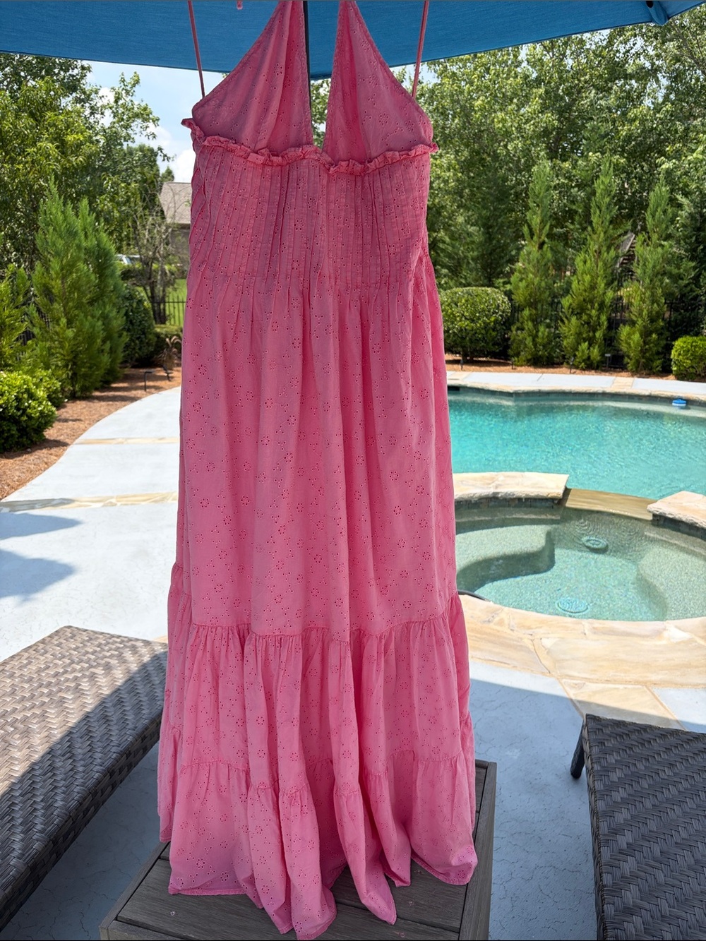 Free People Pink Eyelet Tiered Maxi Dress with V-Neck